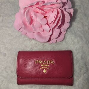 Prada Authentic Pink Key And Card Holder With Bonus Chain Clip Saffiano Leather